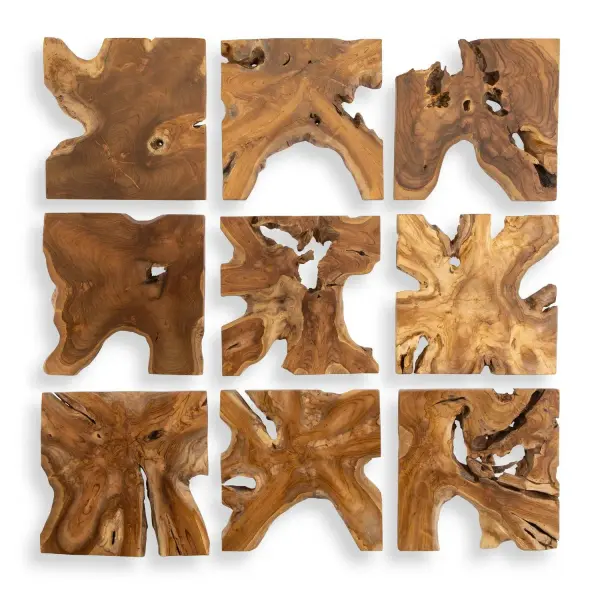 A set of nine natural teak wood cross-section discs with a light honey stain, offering handcrafted organic texture for indoor or outdoor walls.