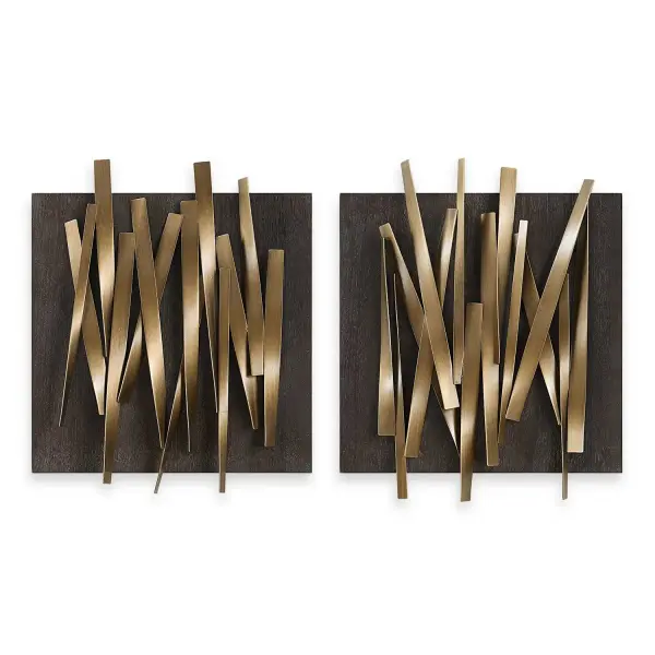 A pair of contemporary crosshatch panels combining antique gold iron with warm walnut veneer for textured wall interest.