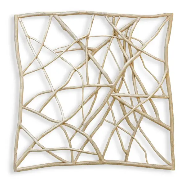Handcrafted teak branches form a geometric, nature-inspired sculpture suited to indoor or outdoor walls seeking organic texture.