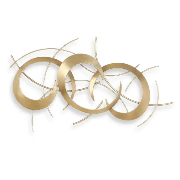 An eye-catching iron wall piece with interwoven abstract forms in antique gold and warm silver, ideal for adding contemporary sculptural interest to a wall.