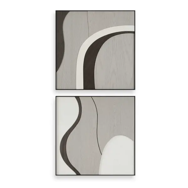 A dynamic MDF wall art set blending walnut, grey, and white tones. Versatile hanging orientation adds contemporary depth to any wall.