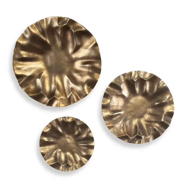 Handcrafted cast aluminum discs in a Vintage Gold finish create an organic, nature-inspired composition suited to indoor or outdoor display.