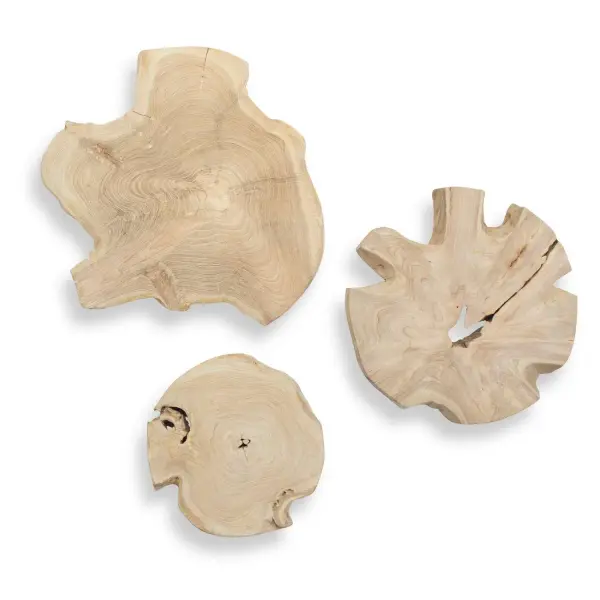 Cross-sectioned teak panels in a light bleached finish bring natural texture to walls or tabletops. Versatile, understated, and suited to coastal or organic interiors.