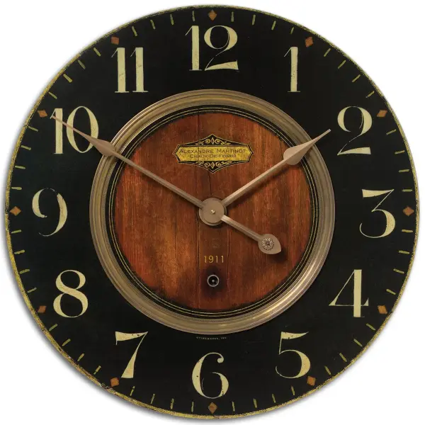 This 22.5" wall clock pairs a laminated weathered face with cast brass details for a warm, aged look. Reliable quartz movement, easy battery operation, and a substantial presence for any wall.