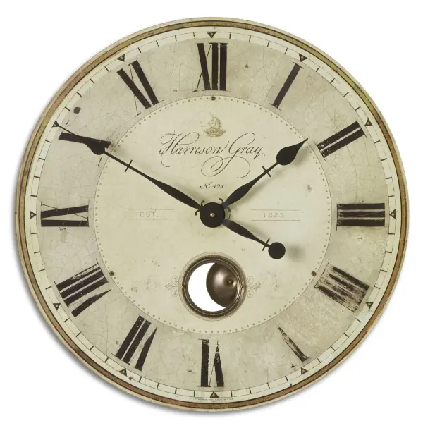 This 23-inch wall clock pairs a distressed laminated face with brass center components and a visible pendulum for vintage-industrial character. Quartz movement keeps time accurately with minimal