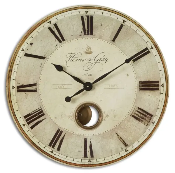 A 30-inch wall clock combining a weathered laminated face with brass center components and a visible pendulum for classic, statement-making wall decor.