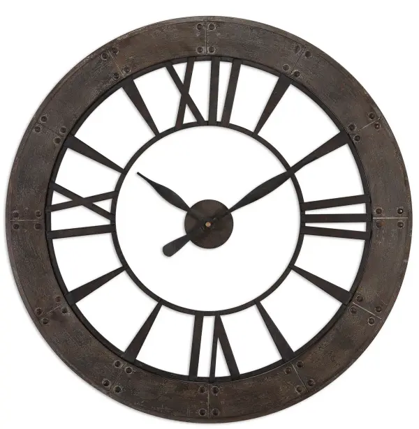 A large-scale statement wall clock with dark rustic bronze finish and rust gray fir frame, offering dependable quartz timekeeping and rugged farmhouse-industrial style.