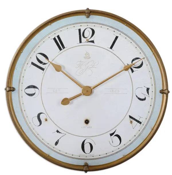 A 31.5-inch statement wall clock with an antiqued gold metal frame, ivory face, and pale blue accent ring. Quartz movement for reliable timekeeping.