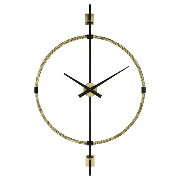 A large braided-metal wall clock pairing brushed brass with satin black accents, offering a bold contemporary focal point for living spaces and offices.