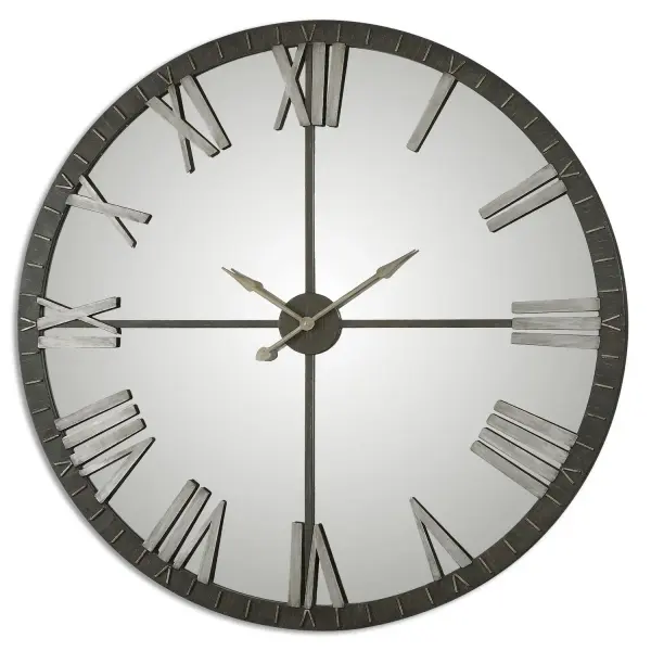 Oversized distressed bronze clock with silver highlights and mirrored face brings rustic-industrial flair to expansive walls.