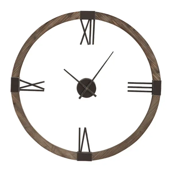 This 39.5-inch fir wood wall clock combines hand-forged aged iron Roman numerals with a floating dial for a bold farmhouse-industrial focal point.