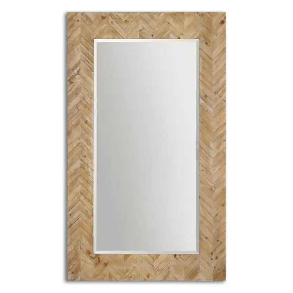 This Stately Mirror Features A Chevron Patterned, Solid Wood Frame Finished With A Light Gray Glaze. Mirror Has A Generous 1 1/4" Bevel And May Be Hung Horizontal Or Vertical. Collection: Demetria Designer: John Kowalski Finish: Solid Wood Width: 43.75" Height: 74.00" Length: 2.13" Weight: 55.00 lb Extension from Wall: 2.13" Material: Fir/Mdf/Glass Country of Origin: China Safety Rating: Indoor Only