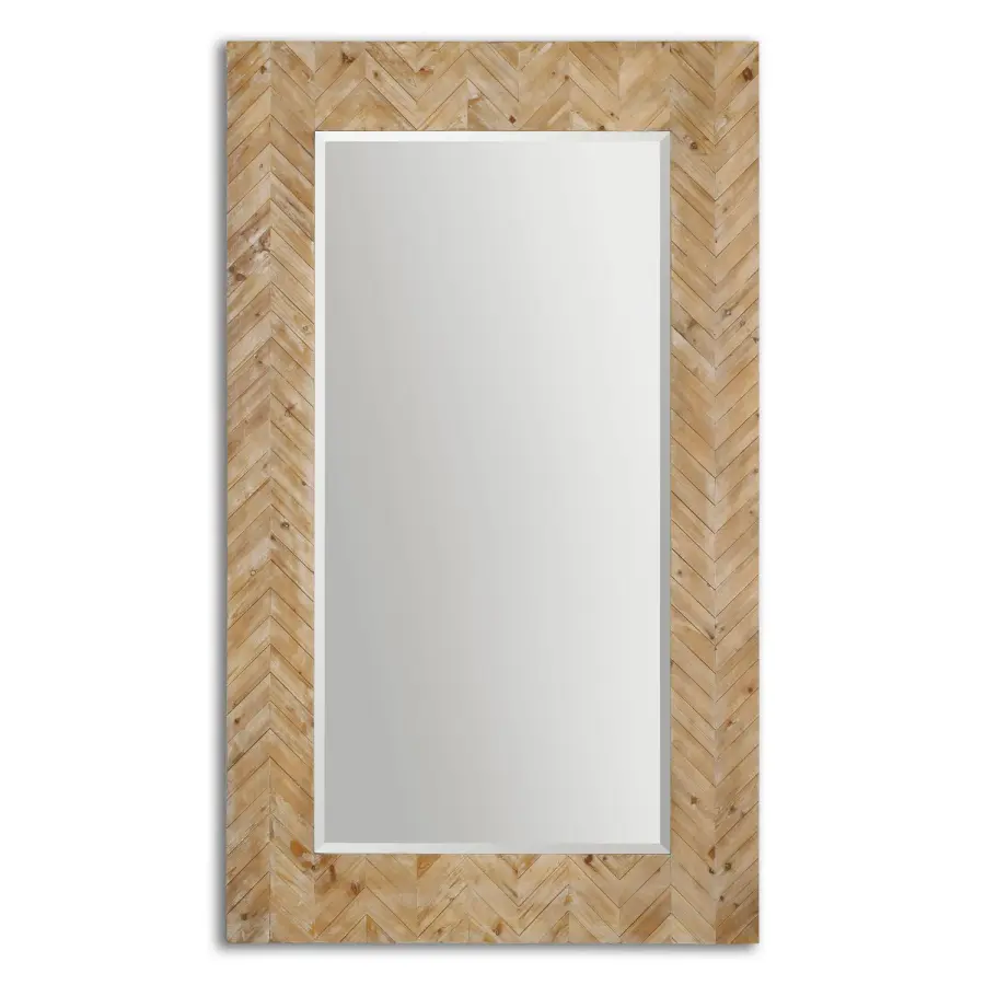 Demetria Chevron Solid Wood Mirror in Light Gray Glaze