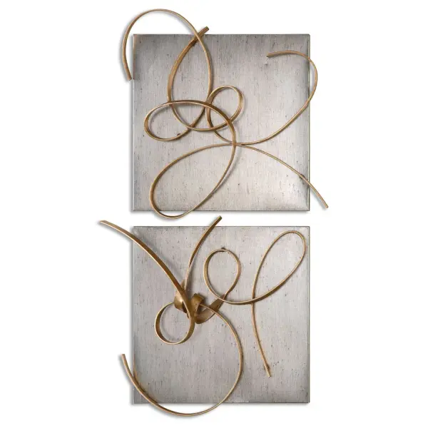 An abstract, hand-forged gold leaf metal sculpture mounted to a silver-leafed metal plaque adds artisanal texture and dimension to any wall.