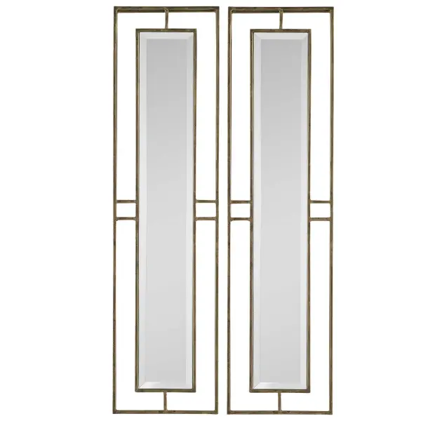 Clean And Contemporary, Each Mirror Exhibit Linear Metal Frames With A Nearly Two Inch Open Depth. Each Frame Is Finished In A Heavily Antiqued Gold, Accented By Slim Beveled Mirrors. May Be Hung Horizontal Or Vertical. Collection: Rutledge Finish: Antiqued Gold Width: 7.75" Height: 30.00" Length: 1.75" Weight: 12.50 lb Extension from Wall: 1.75" Material: Metal, Glass Country of Origin: India Safety Rating: Indoor Only