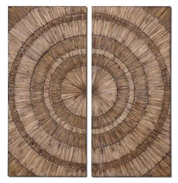 Hand-pieced natural wood chips with a burnished wash create organic texture and dimension, offering a striking statement piece for living spaces or entryways.