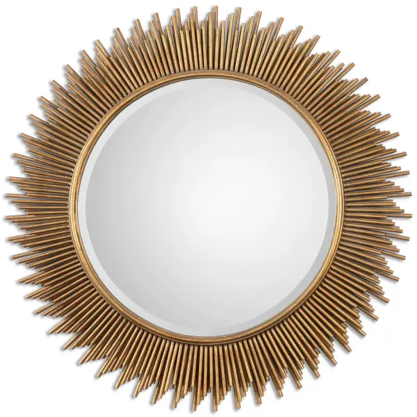 Frame Is Created Using Varying Lengths Of Metal Tubes Finished In An Antiqued Gold Leaf. Mirror Has A Generous 1 1/4" Bevel. Collection: Marlo Designer: Billy Moon Finish: Antiqued Gold Leaf Width: 36.00" Height: 36.00" Length: 1.25" Weight: 27.50 lb Extension from Wall: 1.25" Material: Iron, Mirror, Mdf Country of Origin: Cambodia Safety Rating: Indoor Only