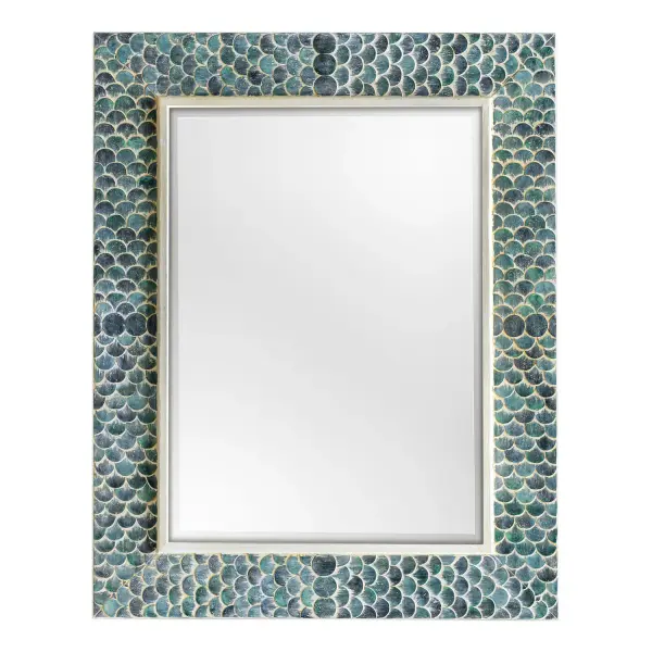 This Unique Design Takes A Whimsical Approach By Adorning A Solid Wood Frame With Fiber Glass Mermaid Scales, Hand Painted In Shades Of Tropical Blues, Accented With A Heavy White Wash. Mirror Is Beveled And May Be Hung Horizontal Or Vertical. Collection: Makaria Designer: Billy Moon Finish: White Width: 38.00" Height: 48.00" Length: 2.00" Weight: 44.00 lb Extension from Wall: 2.00" Material: Mdf Carb P2 W/ Resin, Mirror & Veneer Country of Origin: Indonesia Safety Rating: Indoor Only
