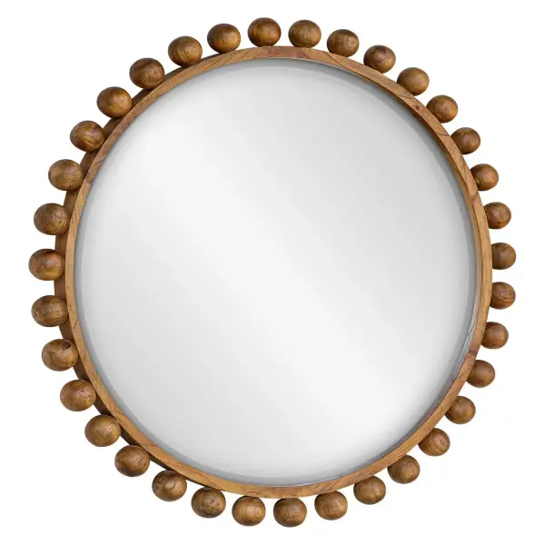 The Cyra Wood Round Mirror Adds An Upscale Look And Sophisticated Style To Any Room By Showcasing Solid Mahogany Wood Spheres That Embellish A Sleek Inner Frame, Finished In A Warm Walnut Stain. Mirror Has A Generous 1 1/4" Bevel. Collection: Cyra Finish: Warm Walnut Stain Width: 44.00" Height: 44.00" Length: 2.50" Weight: 44.00 lb Extension from Wall: 2.50" Material: Mahogany Wood, Carb Mdf P2, Glass, Metal Country of Origin: Indonesia Safety Rating: Indoor Only