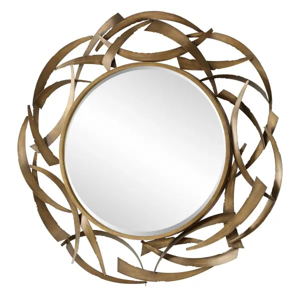 Elevate Your Space With Our Oversized Round Mirror, Adorned With Crescent-shaped Hand-forged Iron Details, Finished In A Heavily Antiqued Golden Bronze. Each Piece Boasts Intentional Jagged Edges, Adding Depth And Character To Any Room. Mirror Has A Generous 1 1/4" Bevel. Collection: Cutting Edge Designer: Grace Feyock Finish: Antiqued Golden Bronze Width: 55.00" Height: 55.00" Length: 2.50" Weight: 39.00 lb Extension from Wall: 2.50" Material: Iron, Mirror, Mdf Country of Origin: China Safety Rating: Indoor Only