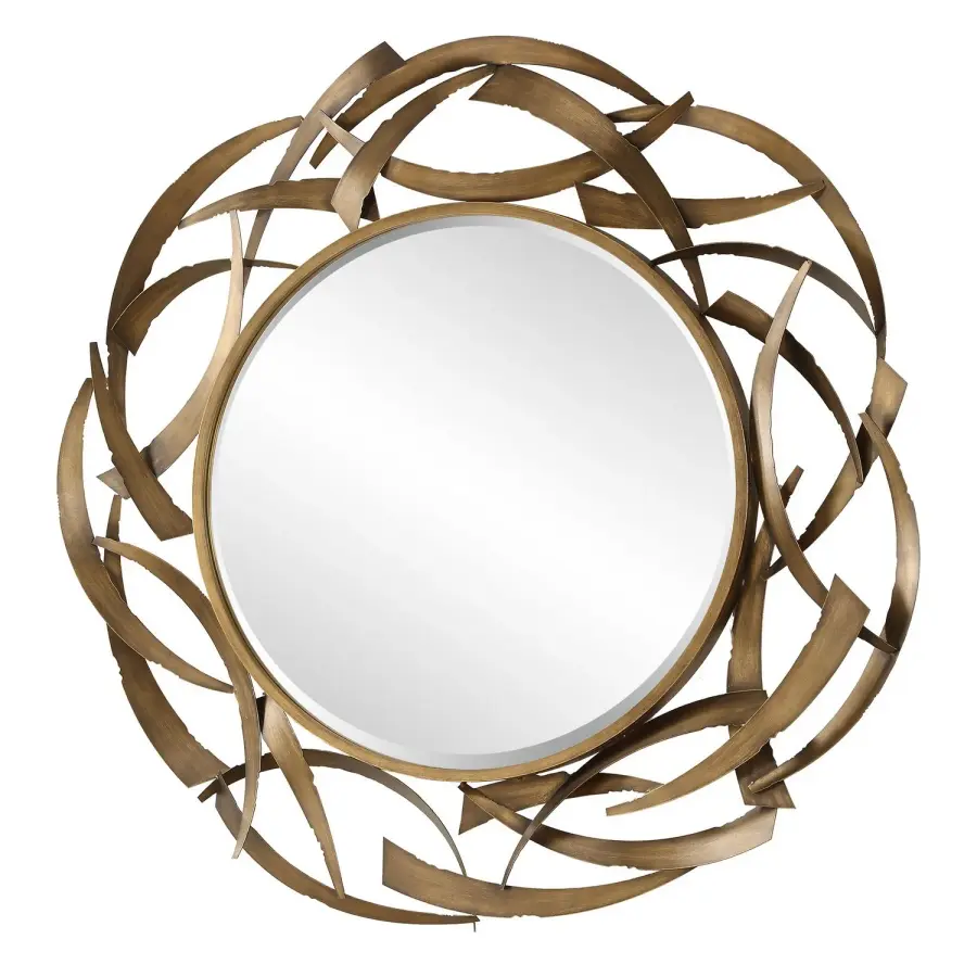 Cutting Edge Round Mirror in Antiqued Golden Bronze