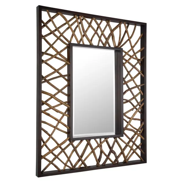 The Teak Maze Mirror Is Sure To Make A Statement In Any Space. This Beautifully Unique Piece Is Constructed From Solid Mahogany Wood In A Rich Walnut Stain With Natural Gathered Teak Branches Artfully Arranged Within The Frame. Mirror Has A Generous 1 1/4" Bevel. Collection: Teak Maze Designer: Osvaldo Mendoza Finish: Solid Mahogany Wood Width: 44.00" Height: 56.00" Length: 2.50" Weight: 41.00 lb Extension from Wall: 2.50" Material: Mahogany Wood, Teak Branch Country of Origin: Indonesia Safety Rating: Indoor Only