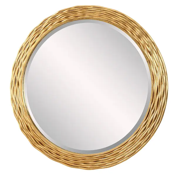 Our Celeste Round Mirror Is Crafted With Layered Iron Rods Meticulously Hand-forged To Create A Graceful, Alternating Wavy Texture. This Unique Design Exudes A Soft Yet Industrial Elegance, Finished In A Lightly Antiqued Gold Leaf. Mirror Has A Generous 1 1/4" Bevel. Collection: Celeste Designer: Jim Parsons Finish: Antiqued Gold Leaf Width: 35.88" Height: 35.88" Length: 0.75" Weight: 23.20 lb Extension from Wall: 0.75" Material: Iron, Mirror, Mdf Country of Origin: China Safety Rating: Indoor Only