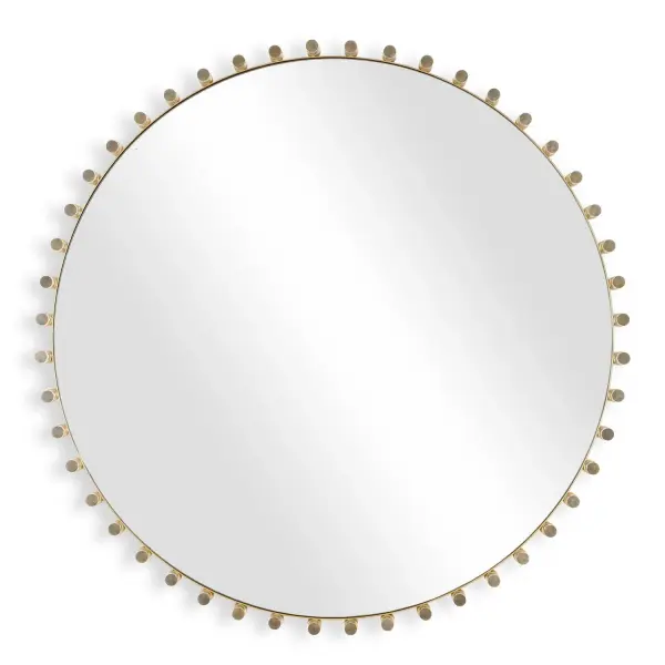 The Avelyne Round Mirror Blends Elegance With Modern Design, Featuring A Plated Antique Brass Outer Frame That's Surrounded By Thick Acrylic Rods. Collection: Avelyne Designer: Grace Feyock Finish: Antique Brass Width: 37.25" Height: 37.25" Length: 2.38" Weight: 30.00 lb Extension from Wall: 2.38" Material: Iron, Mirror, Mdf, Acrylic Country of Origin: China Safety Rating: Indoor Only