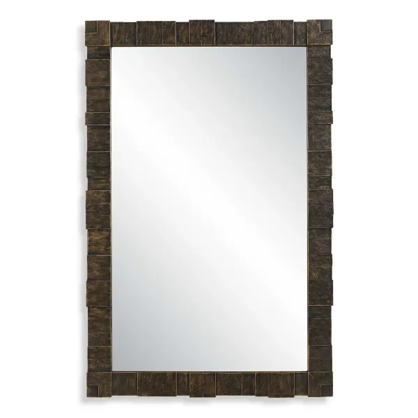The Bustelo Mirror Showcases A Striking Geometric, Layered Metal Frame, Enhanced By A Heavily Distressed Dark Bronze Finish With Antique Gold Undertones, Adding Depth And Texture To Any Room. May Be Hung Horizontal Or Vertical. Collection: Bustelo Designer: John Kowalski Finish: Distressed Dark Bronze Width: 29.50" Height: 45.25" Length: 1.13" Weight: 35.90 lb Extension from Wall: 1.13" Material: Iron, Mdf, Mirror Country of Origin: China Safety Rating: Indoor Only