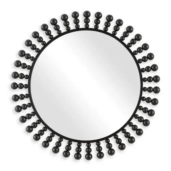 The Aziel Round Mirror Features An Eye-catching Design With A Smooth Inner Metal Frame Accentuated By A Burst Of Outward-reaching Spheres, All Finished In A Sleek Satin Black. Collection: Aziel Designer: David Frisch Finish: Satin Black Width: 44.00" Height: 44.00" Length: 2.25" Weight: 28.60 lb Extension from Wall: 2.25" Material: Mdf, Metal, Mirror Country of Origin: China Safety Rating: Indoor Only