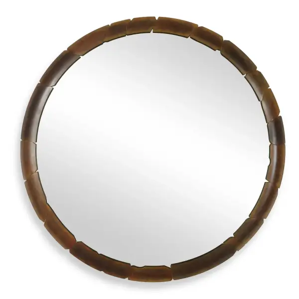This Striking Round Mirror Features A Distinctive Frame Made From Segmented Metal Pieces With Distinctive Cutouts For A Soft Industrial Feel, Finished In A Aged Rust Bronze. Collection: Auger Designer: John Kowalski Finish: Aged Rust Bronze Width: 44.75" Height: 44.75" Length: 1.50" Weight: 25.00 lb Extension from Wall: 1.50" Material: Iron, Mirror, Mdf Country of Origin: Cambodia Safety Rating: Indoor Only