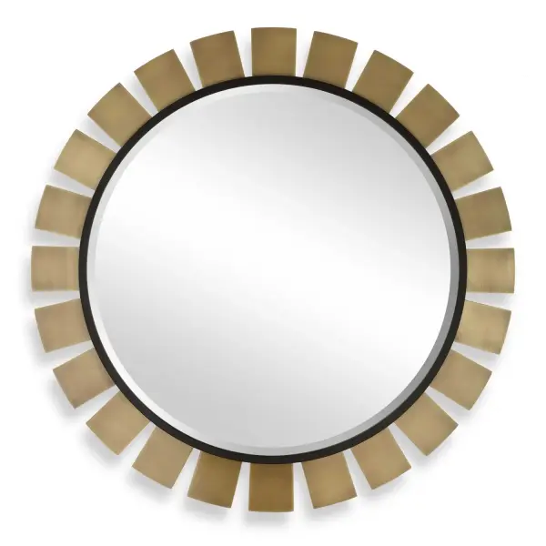 The Toluca Round Mirror Showcases A Petite Black Inner Frame, Encircled By A Metal Sunburst Motif Finished In Plated Antique Brass. Mirror Has A 1" Bevel. Collection: Toluca Designer: John Kowalski Finish: Antique Brass Width: 45.00" Height: 45.00" Length: 1.25" Weight: 41.00 lb Extension from Wall: 1.25" Material: Metal & Mdf Country of Origin: Vietnam Safety Rating: Indoor Only
