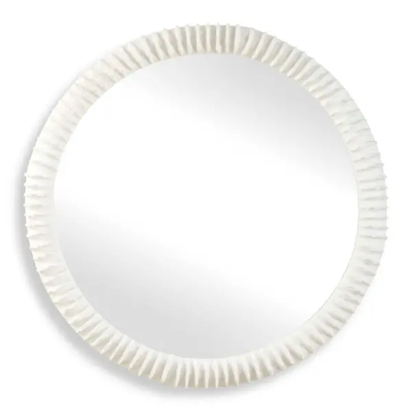 The Akiko Round Mirror Features A High Fired Ceramic Base Adorned With Beautifully Crafted Matte White Ruffles, Reminiscent Of Flowing Waves, Adding A Touch Of Nautical Charm. Collection: Akiko Designer: Grace Feyock Finish: Matte White Width: 35.50" Height: 35.50" Length: 2.75" Weight: 30.00 lb Extension from Wall: 2.75" Material: Resin, Mdf, Mirror Country of Origin: China Safety Rating: Indoor Only