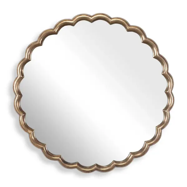 The Cerrito Round Mirror Showcases A Thick Cast Aluminum Frame With A Gracefully Curved Scalloped Design And Subtle Pitted Texture Finished In A Plated Antique Brass. Collection: Cerrito Finish: Antique Brass Width: 34.00" Height: 34.00" Length: 1.50" Weight: 27.63 lb Extension from Wall: 1.50" Material: Aluminum, Glass, Mdf Country of Origin: India Safety Rating: Indoor Only