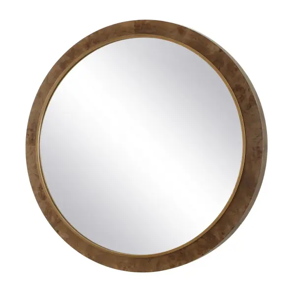 The Cleveland Round Mirror Features A Stunning Burl Veneer Frame, Showcasing The Natural Grain And Color, Accented By An Iron Inner Ledge Finished In Antique Gold. Collection: Cleveland Designer: Grace Feyock Finish: Antique Gold Width: 52.13" Height: 52.13" Length: 2.75" Weight: 43.60 lb Material: IRON, MDF, MIRROR, BURL VENEER Country of Origin: China Safety Rating: Indoor Only