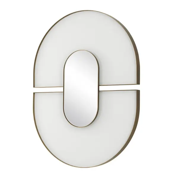 The Encase Oval Mirror Features A Striking Design With Two Semicircular Sections Of White Glass, Each Encased In A Sophisticated Antique Gold Iron Frame, Surrounding A Raised Center Mirror. May Be Hung Horizontal Or Vertical. Collection: Encase Designer: Grace Feyock Finish: Antique Gold Width: 23.50" Height: 30.50" Length: 1.63" Weight: 20.00 lb Material: IRON, MDF, MIRROR Country of Origin: China Safety Rating: Indoor Only