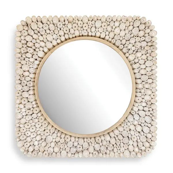A True One Of A Kind Piece, This Mirror Features An Antircate Mosiac Frame Made Of Natural Teak Wood Branches. Their Light, Organic Finish Creates A Stunning Textural Border, Beautifully Contrasting With The Clean Lines Of The Simple Round Mirror It Encases. Collection: Merak Designer: Osvaldo Mendoza Finish: Natural Teak Wood Width: 36.25" Height: 36.25" Length: 1.75" Weight: 11.00 lb Material: TEAK BRANCH AND TEAK WOOD WITH MDF Country of Origin: Indonesia Safety Rating: Indoor Only