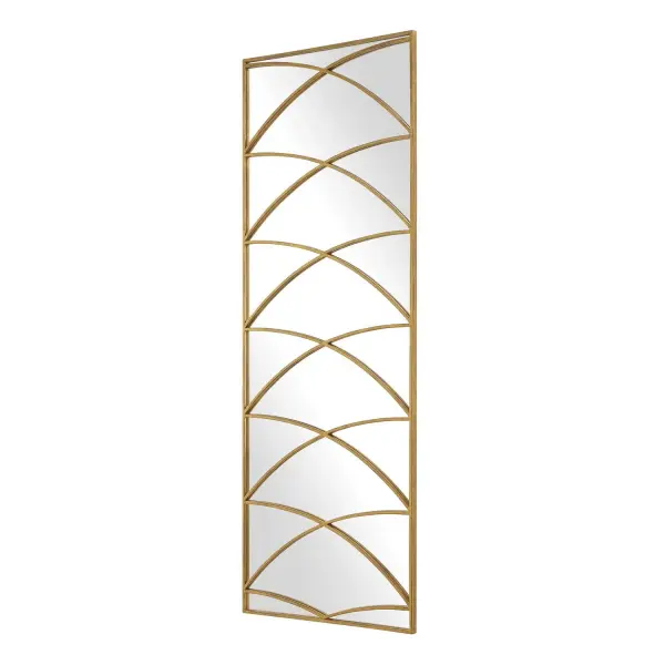 The Crossed Up Mirror Boasts An Elegant Antique Gold Iron Frame And Geometric Overlay, Creating A Series Of Stylized Arches And Intersections That Will Lend A Sophisticated Feel To Any Interior. Collection: Crossed Up Designer: John Kowalski Finish: Antique Gold Width: 25.00" Height: 70.00" Length: 1.00" Weight: 46.41 lb Material: IRON,MDF,MIRROR Country of Origin: Cambodia Safety Rating: Indoor Only