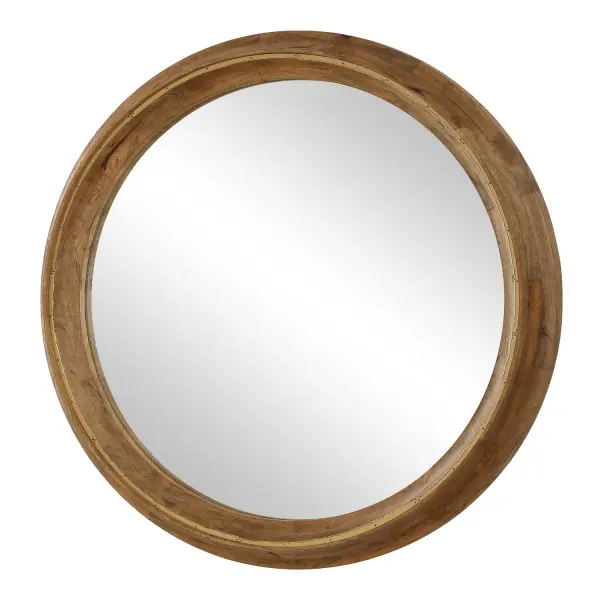 The Frontier Round Mirror Features A Solid Wood Frame Finished In A Light Honey Stain, Accented With Antique Gold Iron Detailing With A Welded Rough Edge For A Touch Of Industrial Flair. Collection: Frontier Designer: John Kowalski Finish: Solid Wood Width: 44.50" Height: 44.50" Length: 2.75" Weight: 38.50 lb Material: MDF,RUBBER WOOD,GLASS,IRON Country of Origin: China Safety Rating: Indoor Only