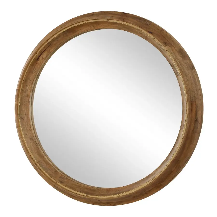 Frontier Round Mirror in Solid Wood with Antique Gold Iron Detail