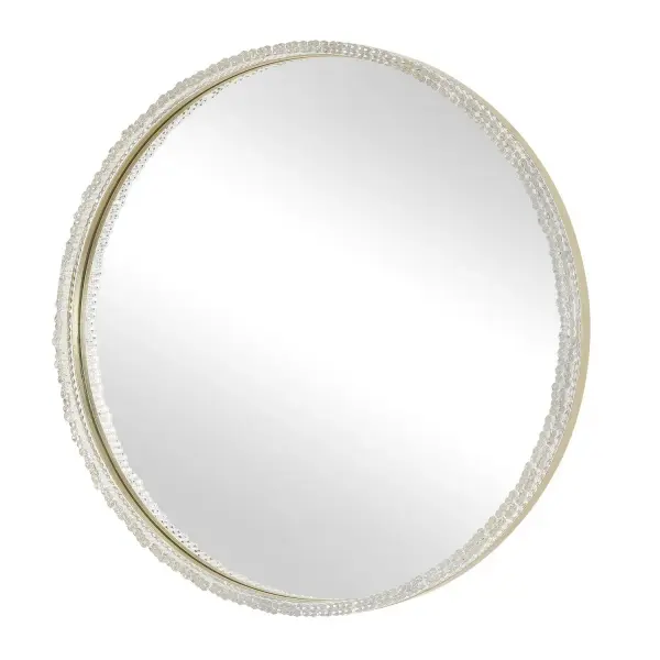 This Elegant Round Mirror Features A Beautifully Crafted Acrylic Facade, Accented With A Warm Champagne Iron Frame. Collection: Break The Ice Finish: Champagne Iron Width: 31.50" Height: 31.50" Length: 2.00" Weight: 19.00 lb Material: Acrylic,Aluminum,MDF,Mirror Country of Origin: Cambodia Safety Rating: Indoor Only
