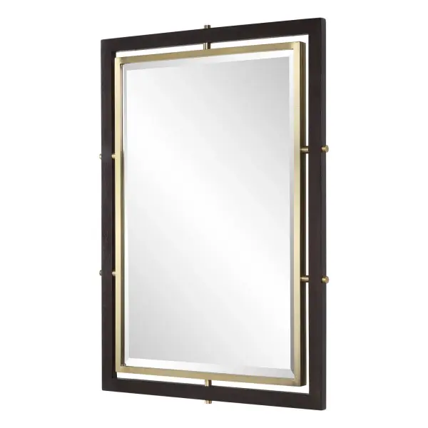 A Bold, Dark Walnut Stained Wood Frame Provides A Striking Contrast To The Sleek, Inner Iron Frame, Finished In A Plated Antique Brass. The Unique Design Features Modern, Minimalist Brackets That Create A Subtle Floating Effect. Mirror Has A Generous 1" Bevel. Collection: Bach Designer: John Kowalski Finish: Antique Brass Width: 30.75" Height: 43.50" Length: 1.50" Weight: 25.40 lb Material: Rubber Wood +iron+mirror+MDF Country of Origin: China Safety Rating: Indoor Only