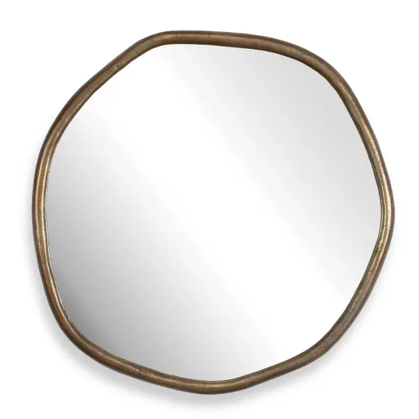 Cast aluminum construction in an antique brass finish gives this abstract round mirror a sculptural presence, with weather-ready durability for covered patios.