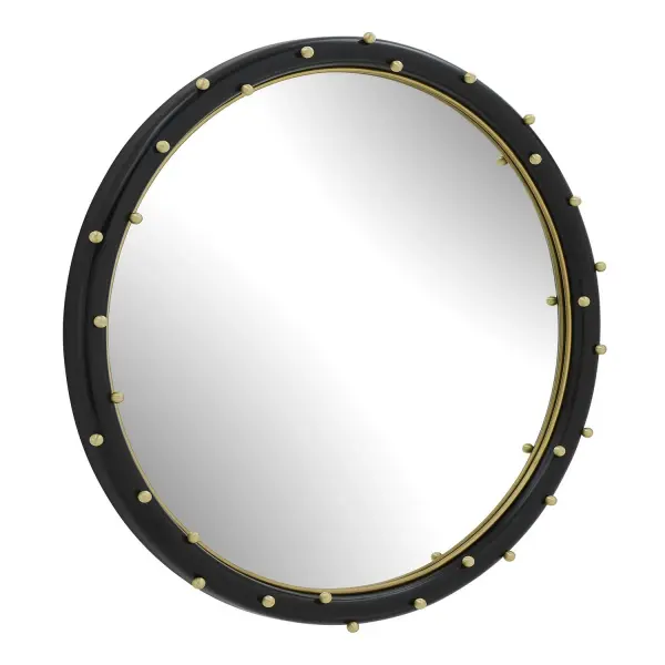The Helia Round Mirror Features A Sophisticated Matte Black Frame, Meticulously Accented With An Iron Liner And An Array Of Decorative Brass Stud Details Finished In Antique Gold. Collection: Helia Designer: Grace Feyock Finish: Antique Gold Width: 41.00" Height: 41.00" Length: 2.50" Weight: 39.00 lb Material: MIRROR, PU, MDF, IRON Country of Origin: Vietnam Safety Rating: Indoor Only