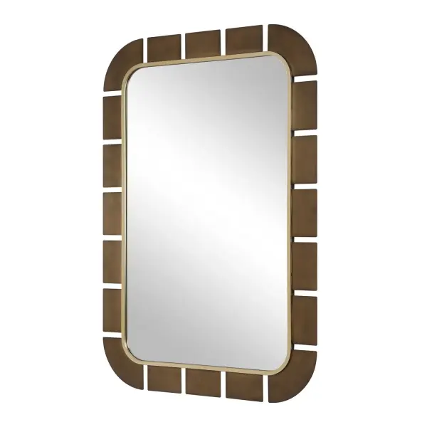 An Antiqued Gold Inner Ledge Beautifully Defines This Mirror, Creating A Brilliant Contrast Against The Strong, Segmented Outer Border Finished In Dark Bronze. May Be Hung Horizontal Or Vertical. Collection: Segment Designer: Grace Feyock Finish: Dark Bronze Width: 37.75" Height: 55.50" Length: 1.13" Weight: 38.00 lb Material: IRON, MDF, GLASS Country of Origin: China Safety Rating: Indoor Only