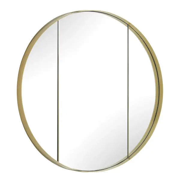 The Amram Round Mirror Features A Clean, Stainless Steel Frame In A Rich Antique Brass Finish, With Elegant Vertical Accents That Divide The Glass Into Three Distinct Panels. Collection: Amram Designer: Osvaldo Mendoza Finish: Antique Brass Width: 40.00" Height: 40.00" Length: 2.00" Weight: 53.00 lb Material: STAINLESS STEEL, MIRROR, MDF Country of Origin: Vietnam Safety Rating: Indoor Only