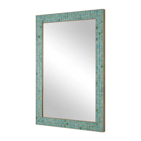 A decorative iron-framed mirror bordered in layered teal and green ceramic tiles with an antique gold finish. Hangs horizontal or vertical for flexible styling.