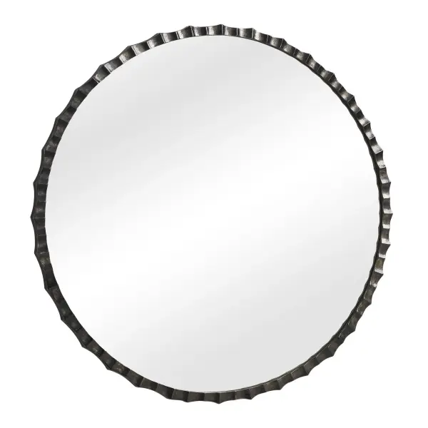 Crafted From Cast Aluminum With A Subtle Pitted Texture, This Round Mirror Showcases A Dramatic, Undulating Scalloped Frame In A Moody Charcoal Finish. Collection: Grander Designer: John Kowalski Finish: Charcoal Width: 39.00" Height: 39.00" Length: 1.00" Weight: 34.00 lb Material: ALUMINIUM,MIRROR,MDF Country of Origin: India Safety Rating: Indoor Only