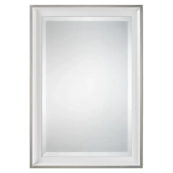 Sloped Profile Frame Finished In Gloss White, Accented With A Silver Leaf Outer Edge. Mirror Is Beveled And May Be Hung Horizontal Or Vertical. Collection: Lahvahn Designer: Grace Feyock Finish: Gloss White w/Silver Leaf Width: 24.00" Height: 34.00" Length: 1.63" Weight: 15.00 lb Extension from Wall: 1.63" Material: Fir Country of Origin: China Safety Rating: Indoor Only