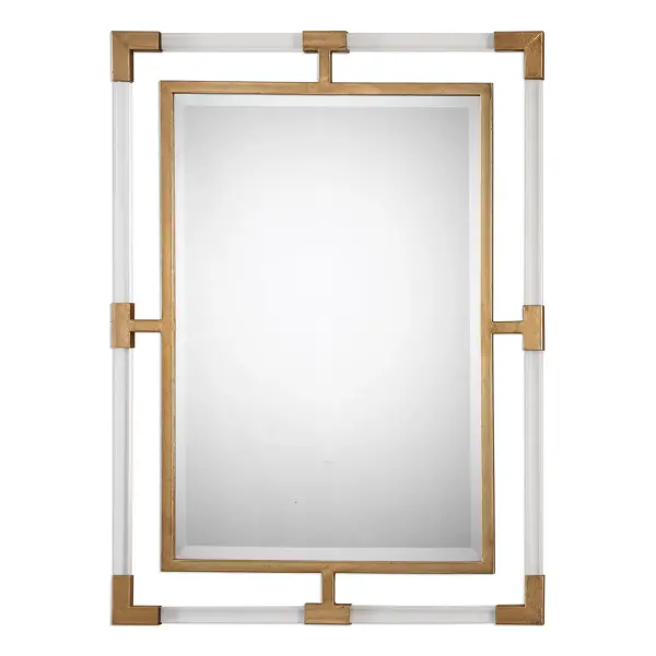 This Mirror Can Certainly Serve As A Focal Point For Any Room. Combining Forged Iron Finished In A Metallic Gold Leaf With Suspended, Clear Acrylic Solid Bars Creating A Modern Feel. Mirror Has A Generous 1 1/4" Bevel And May Be Hung Horizontal Or Vertical. Collection: Balkan Designer: Grace Feyock Finish: Gold Leaf Width: 27.50" Height: 37.50" Length: 1.38" Weight: 23.00 lb Extension from Wall: 1.38" Material: Mirror, Acrylic, Metal, Mdf Country of Origin: China Safety Rating: Indoor Only